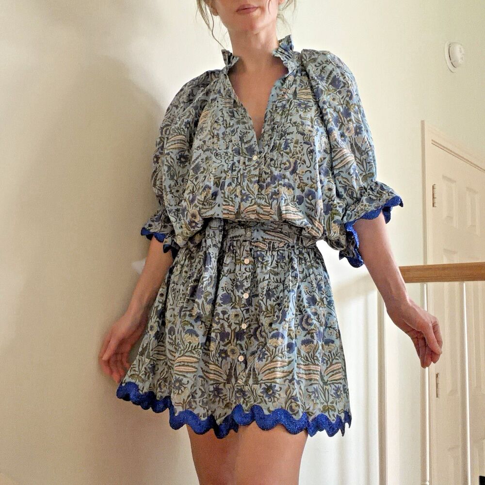 Juliet Dunn Blue Floral Cotton Blouson Mini Dress Scallop Ric Rac Boho Resort S